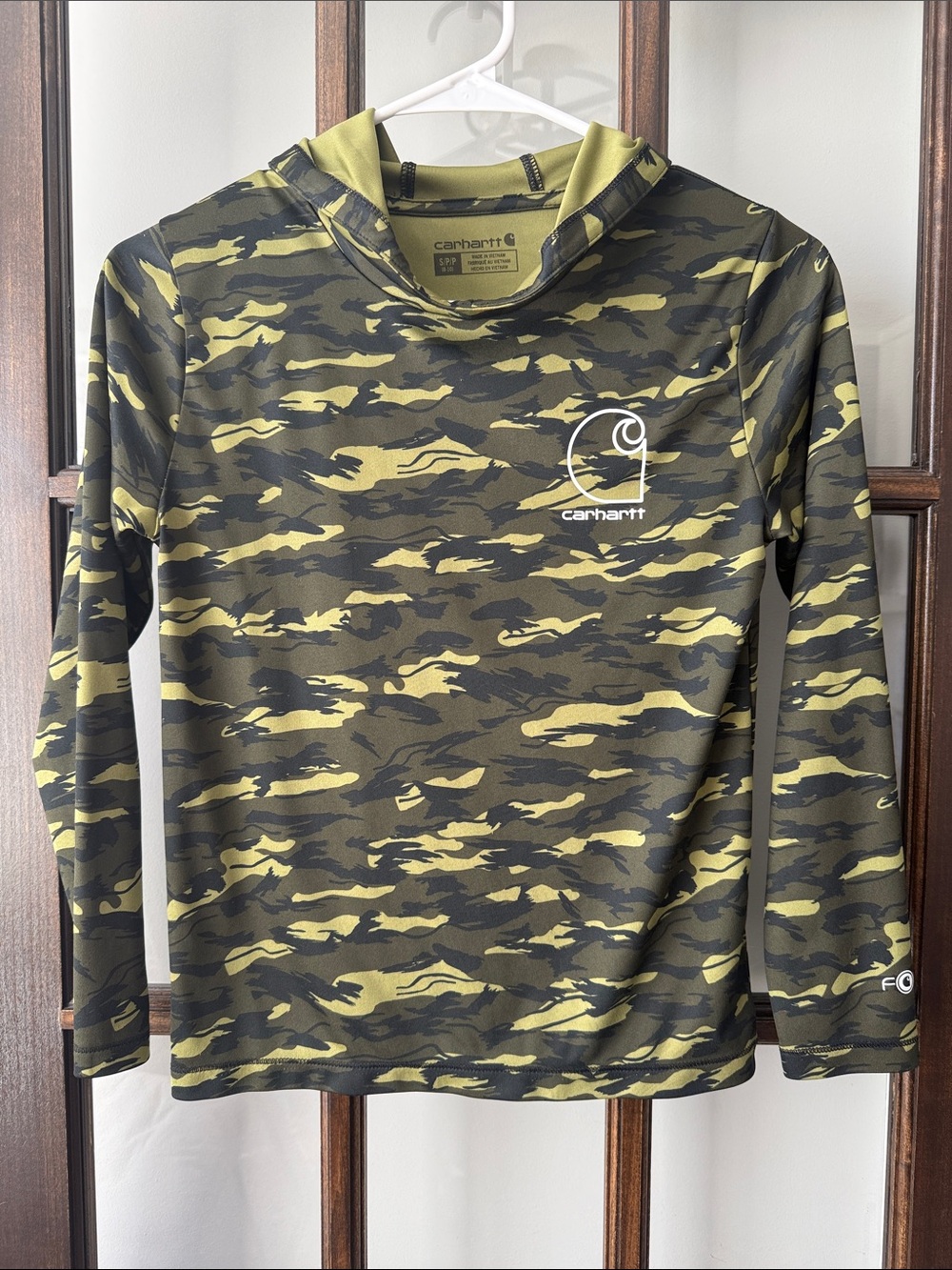 Boys Small Carhartt Youth Olive & Black Camo Hooded Performance Shirt
